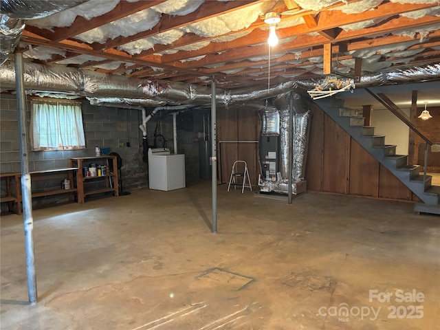 356 Lucky Hollow Rd, Hickory, NC 28601 - below grade area featuring washer / dryer, stairway, concrete block wall, and heating unit
