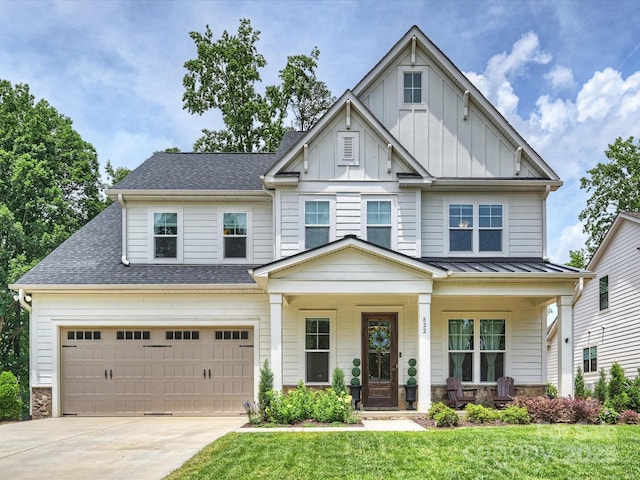 822 River Oaks Ln, Charlotte, NC 28226 - craftsman-style house featuring a porch, driveway, a front yard, a shingled roof, and an attached garage