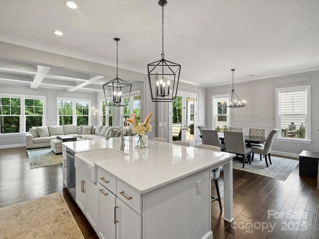 822 River Oaks Ln, Charlotte, NC 28226 - kitchen featuring stainless steel dishwasher, a chandelier, recessed lighting, dark wood-style floors, and healthy amount of natural light