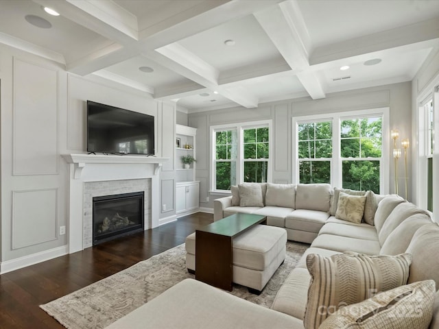 822 River Oaks Ln, Charlotte, NC 28226 - living room with wood-type flooring, beam ceiling, coffered ceiling, a glass covered fireplace, and recessed lighting