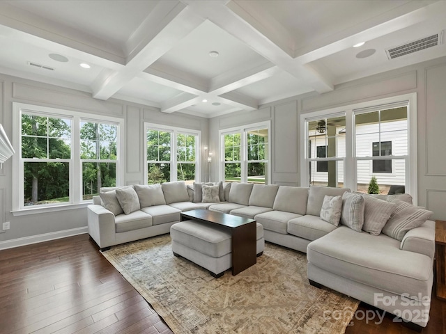 822 River Oaks Ln, Charlotte, NC 28226 - living room with beam ceiling, hardwood / wood-style flooring, coffered ceiling, and recessed lighting
