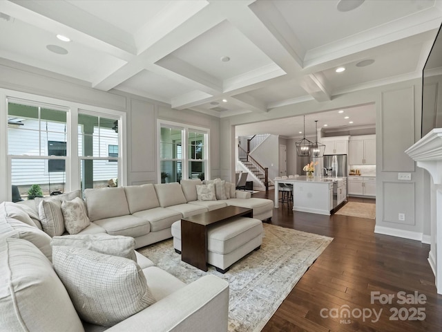 822 River Oaks Ln, Charlotte, NC 28226 - living area featuring stairs, coffered ceiling, beamed ceiling, dark wood-style floors, and recessed lighting