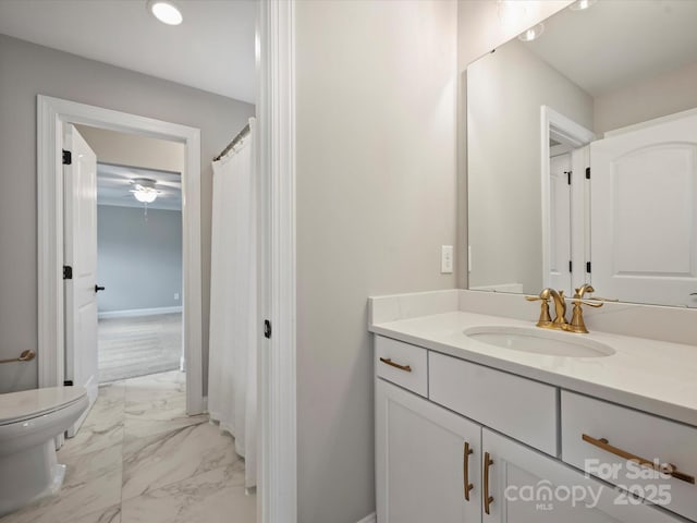 822 River Oaks Ln, Charlotte, NC 28226 - bathroom with marble look tile flooring, vanity, a ceiling fan, and recessed lighting