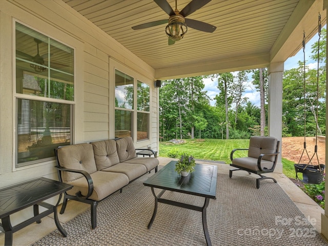 822 River Oaks Ln, Charlotte, NC 28226 - view of patio / terrace featuring outdoor lounge area, a ceiling fan, and view of wooded area