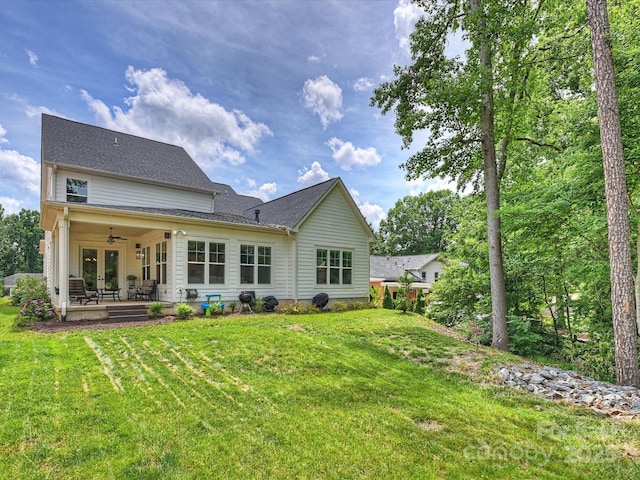 822 River Oaks Ln, Charlotte, NC 28226 - rear view of property featuring a lawn, a ceiling fan, a patio, and french doors