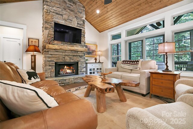 321 Middle Connestee Trl, Brevard, NC 28712 - living room with wood ceiling, high vaulted ceiling, a fireplace, and recessed lighting