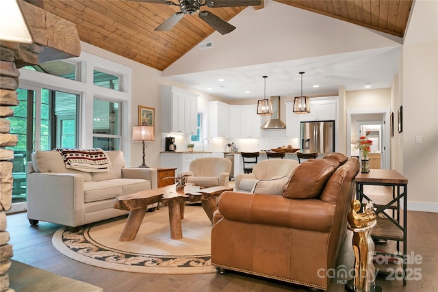 321 Middle Connestee Trl, Brevard, NC 28712 - living room featuring wood finished floors, ceiling fan, high vaulted ceiling, healthy amount of natural light, and wooden ceiling