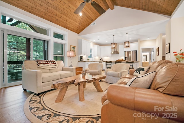 321 Middle Connestee Trl, Brevard, NC 28712 - living room with high vaulted ceiling, a ceiling fan, wood finished floors, a wooden ceiling with exposed beams, and recessed lighting