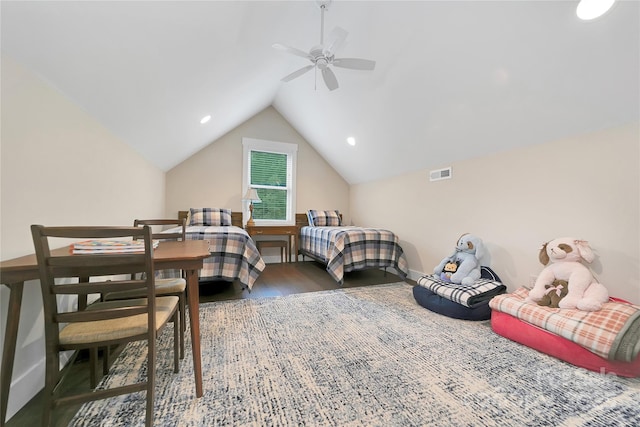 321 Middle Connestee Trl, Brevard, NC 28712 - bedroom featuring lofted ceiling, wood finished floors, recessed lighting, and ceiling fan