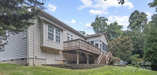 1119 Williamstown Rd, Matthews, NC 28105 - back of house with a deck, stairway, a lawn, and crawl space