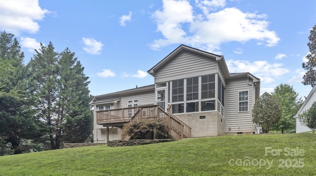 1119 Williamstown Rd, Matthews, NC 28105 - rear view of house with stairway, a sunroom, a yard, a wooden deck, and crawl space