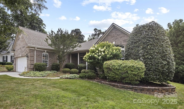 1119 Williamstown Rd, Matthews, NC 28105 - view of front facade featuring brick siding, a garage, a front lawn, and a shingled roof