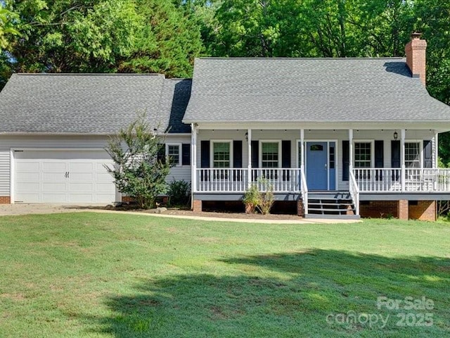 1529 Covenant Pl, Rock Hill, SC 29732 - view of front of house featuring covered porch, a chimney, a garage, a front lawn, and a shingled roof