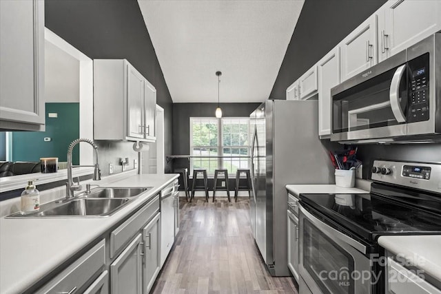 124 Turning Leaf Ln, Statesville, NC 28677 - kitchen with stainless steel appliances, lofted ceiling, light countertops, light wood-style flooring, and decorative light fixtures