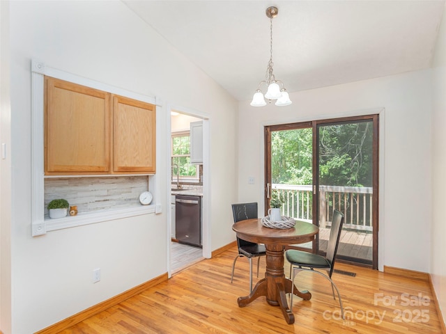 623 Nellie John Dr, Clyde, NC 28721 - dining space featuring lofted ceiling, healthy amount of natural light, a chandelier, and light wood finished floors