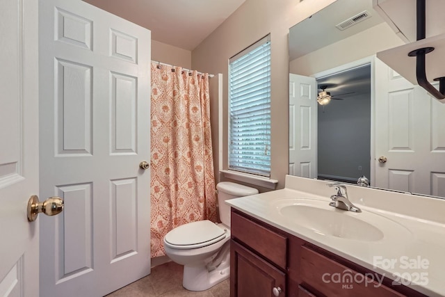 10132 Caldwell Depot Rd, Cornelius, NC 28031 - full bathroom featuring vanity, tile patterned floors, a shower with curtain, and a ceiling fan