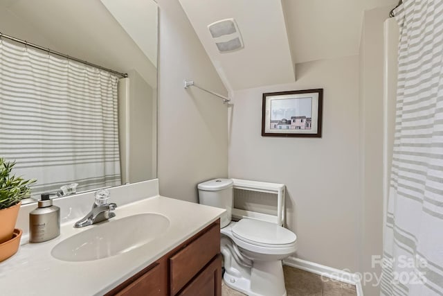 10132 Caldwell Depot Rd, Cornelius, NC 28031 - bathroom featuring vaulted ceiling, vanity, tile patterned flooring, and a shower with shower curtain