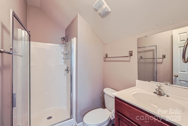 10132 Caldwell Depot Rd, Cornelius, NC 28031 - full bath featuring lofted ceiling, a stall shower, and vanity