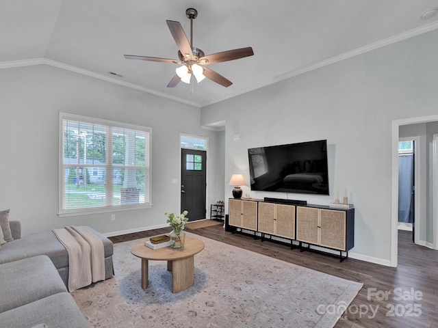 720 4th St, Stanley, NC 28164 - living room featuring wood finished floors, ceiling fan, and ornamental molding