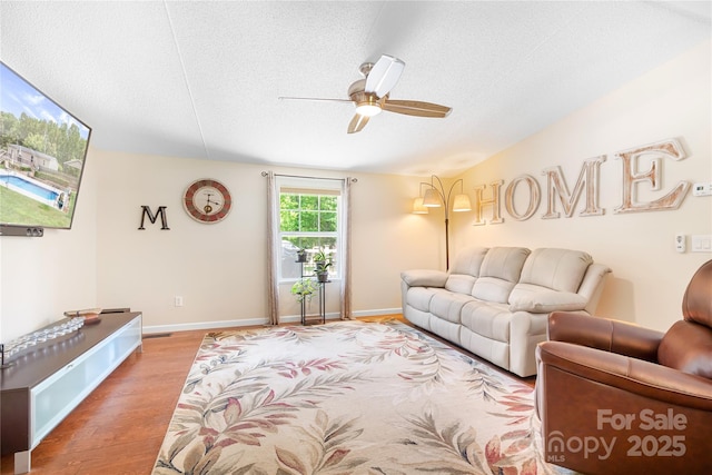 1489 L R Schronce Ln, Iron Station, NC 28080 - living room featuring ceiling fan, wood finished floors, and a textured ceiling