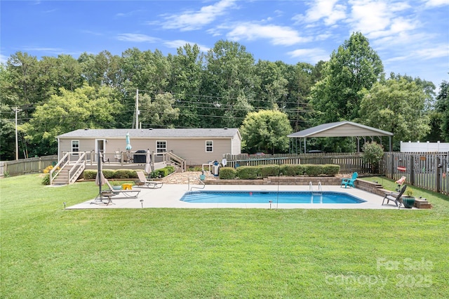 1489 L R Schronce Ln, Iron Station, NC 28080 - view of pool with stairs, a deck, a fenced backyard, and a patio area