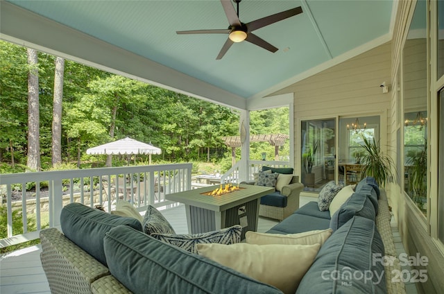 17537 Caddy Ct, Charlotte, NC 28278 - deck featuring an outdoor living space with a fire pit and ceiling fan