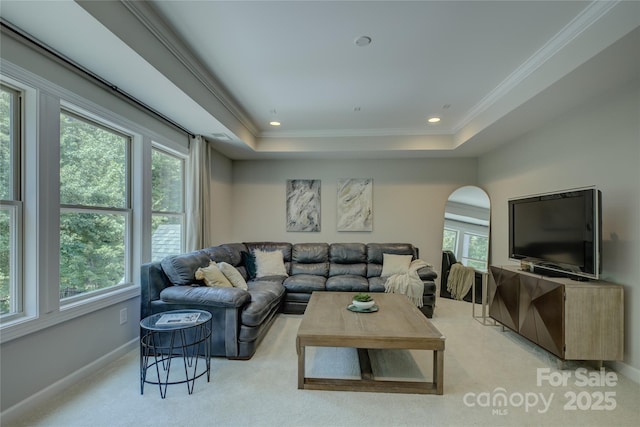 17537 Caddy Ct, Charlotte, NC 28278 - carpeted living area with healthy amount of natural light, arched walkways, crown molding, and a tray ceiling