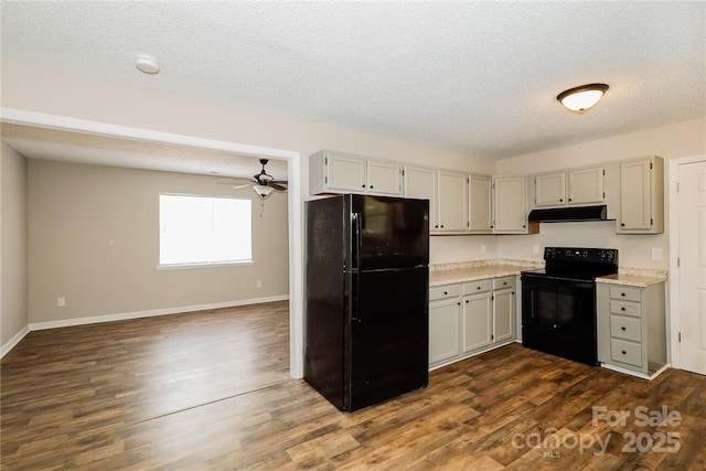 201 Killian Cir, Clover, SC 29710 - kitchen with black appliances, under cabinet range hood, light countertops, ceiling fan, and a textured ceiling