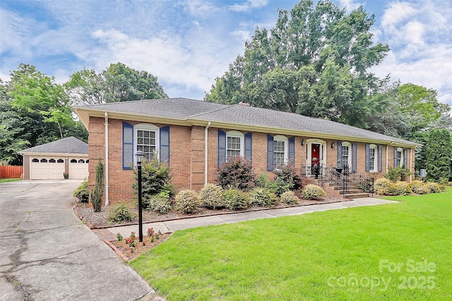 3304 Chilham Pl, Charlotte, NC 28226 - ranch-style house featuring brick siding, a garage, a front yard, and an outdoor structure