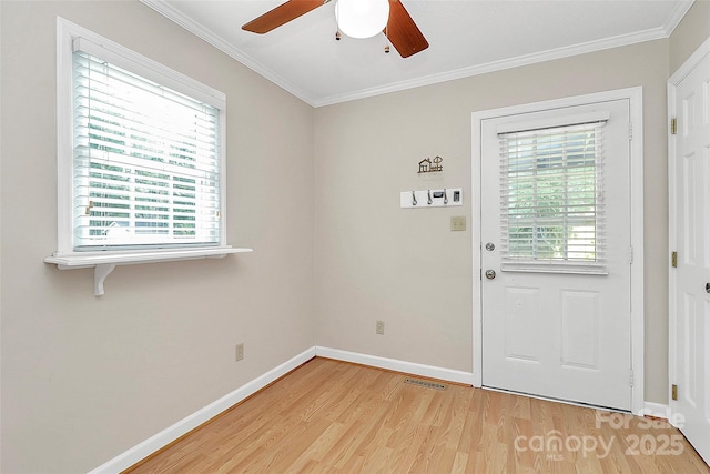 3304 Chilham Pl, Charlotte, NC 28226 - doorway to outside featuring plenty of natural light, light wood-style flooring, ceiling fan, and ornamental molding