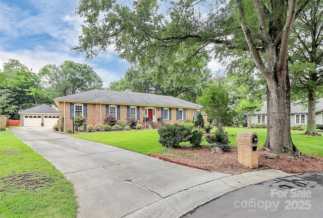 3304 Chilham Pl, Charlotte, NC 28226 - single story home with an outdoor structure, a front yard, a garage, brick siding, and a chimney
