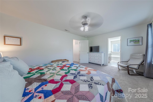 4113 Bent Green Ln, Monroe, NC 28112 - bedroom featuring light carpet, a ceiling fan, and ensuite bath
