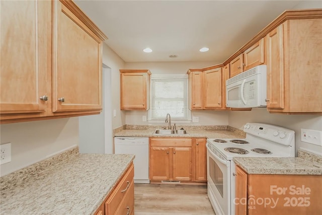 4937 Post Oak Ln, Rock Hill, SC 29732 - kitchen with white appliances, light wood-type flooring, light brown cabinets, and recessed lighting