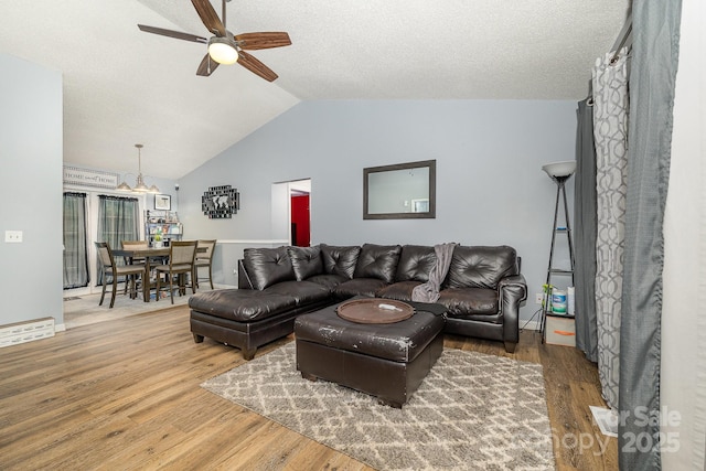 704 Willow Rd, Salisbury, NC 28147 - living room with ceiling fan, lofted ceiling, wood finished floors, and a textured ceiling
