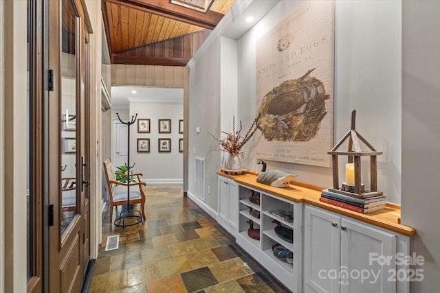307 E Allenton St, Mount Gilead, NC 27306 - corridor featuring stone tile flooring and wooden ceiling