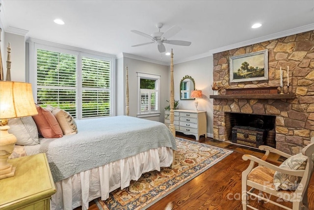 307 E Allenton St, Mount Gilead, NC 27306 - bedroom featuring wood finished floors, ornamental molding, a fireplace, recessed lighting, and a ceiling fan