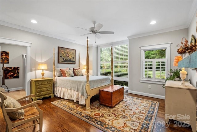 307 E Allenton St, Mount Gilead, NC 27306 - bedroom featuring multiple windows, dark wood finished floors, ornamental molding, recessed lighting, and a ceiling fan