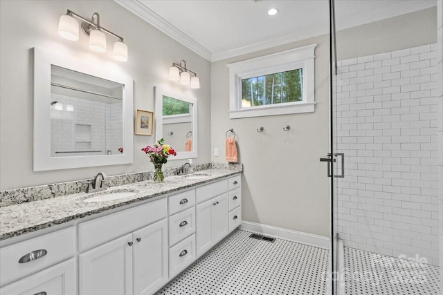 307 E Allenton St, Mount Gilead, NC 27306 - bathroom with a stall shower, double vanity, and ornamental molding