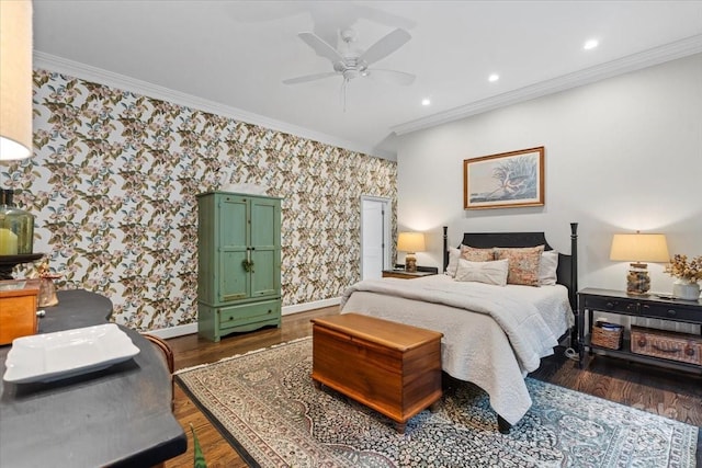 307 E Allenton St, Mount Gilead, NC 27306 - bedroom with ornamental molding, wallpapered walls, dark wood-style floors, recessed lighting, and ceiling fan