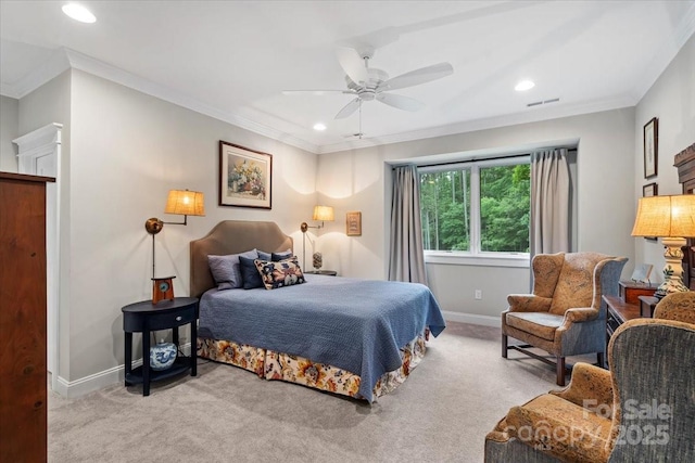 307 E Allenton St, Mount Gilead, NC 27306 - bedroom with light carpet, recessed lighting, crown molding, and ceiling fan