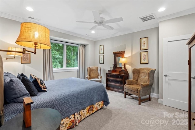 307 E Allenton St, Mount Gilead, NC 27306 - bedroom with carpet, recessed lighting, ornamental molding, and ceiling fan