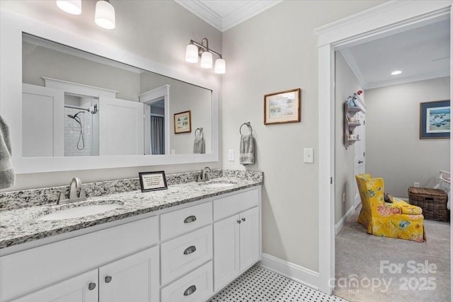 307 E Allenton St, Mount Gilead, NC 27306 - full bath featuring crown molding, double vanity, and tile patterned floors