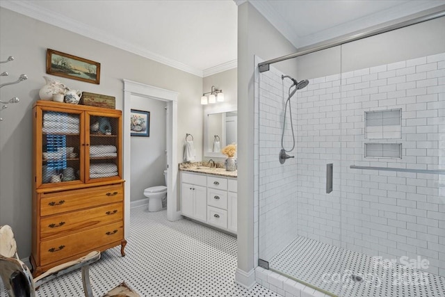 307 E Allenton St, Mount Gilead, NC 27306 - bathroom featuring crown molding, a stall shower, and vanity