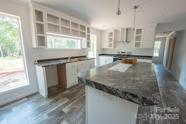 1853 Hill River Rd Unit 1, Hiddenite, NC 28636 - kitchen featuring open shelves, wall chimney range hood, electric range, and dark wood-type flooring