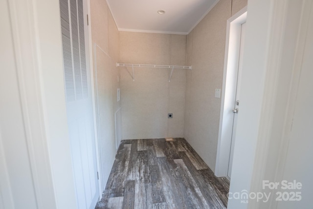 1853 Hill River Rd Unit 1, Hiddenite, NC 28636 - laundry room featuring a heating unit, dark wood-type flooring, crown molding, and hookup for an electric dryer