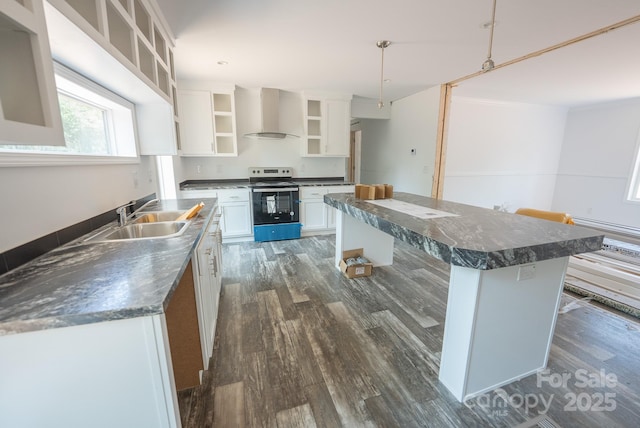 1853 Hill River Rd Unit 1, Hiddenite, NC 28636 - kitchen featuring open shelves, stainless steel electric range, wall chimney range hood, dark wood-style floors, and a kitchen island