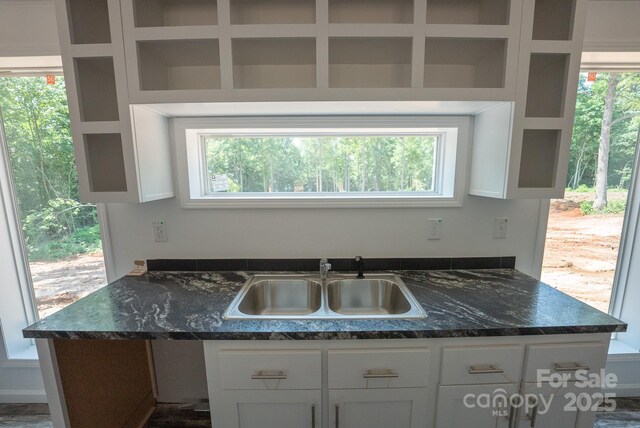 1853 Hill River Rd Unit 1, Hiddenite, NC 28636 - kitchen with white cabinetry, dark stone countertops, and open shelves