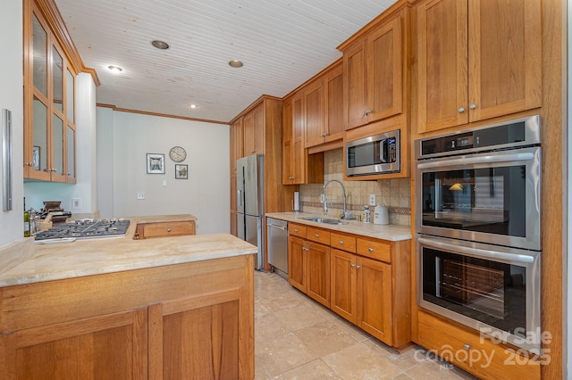 177 Yadkin Falls Rd, New London, NC 28127 - kitchen featuring stainless steel appliances, light countertops, decorative backsplash, glass insert cabinets, and crown molding