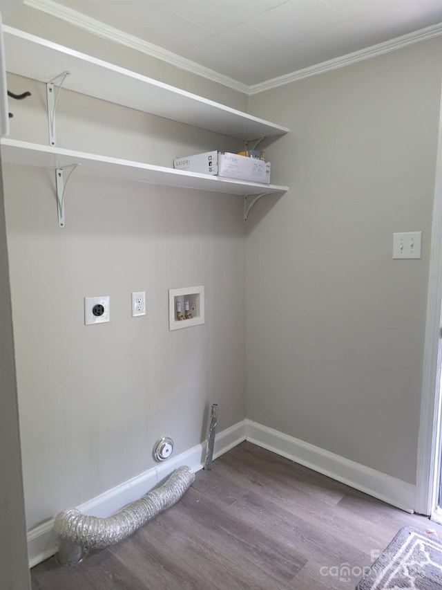 6820 Butterfly Ln, Kershaw, SC 29067 - washroom with wood finished floors, ornamental molding, washer hookup, and electric dryer hookup
