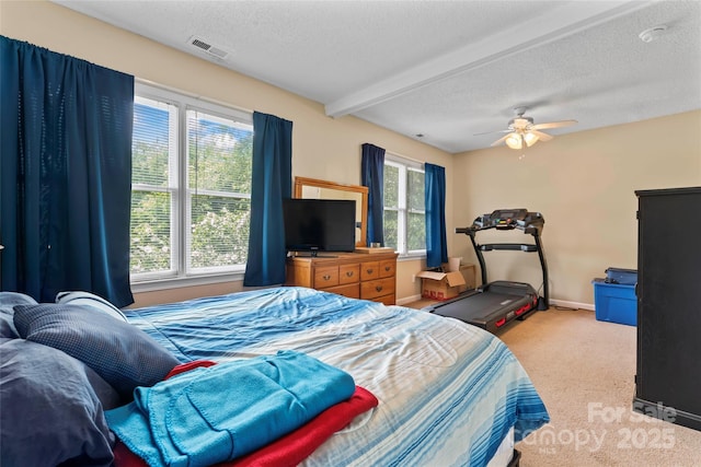 1609 Begonia Way, Rock Hill, SC 29732 - bedroom featuring a textured ceiling, carpet floors, beam ceiling, and ceiling fan
